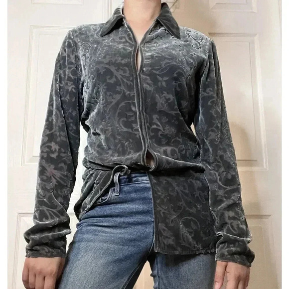 Armani Exchane Womens Velvet Burnout Silk Blend Top Sz S Gray Whimsygoth 90s Y2K - Picture 1 of 9